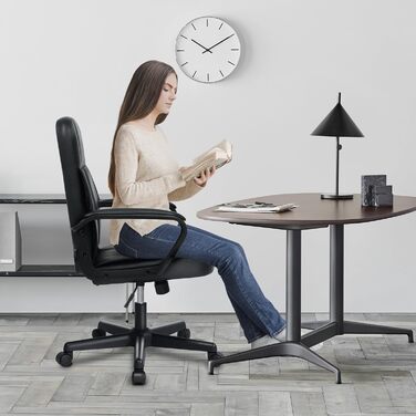 Офісне крісло MIXASTEP з PU-шкіри, поворотне, регульована висота, міцні підлокітники, 360° колеса, для роботи, навчання, ігор (Чорний)