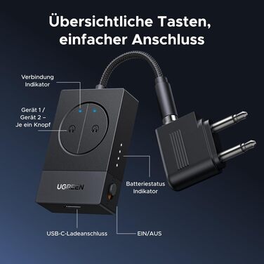 UGREEN Bluetooth адаптер-трансмітер 5.4 для літака та автомобіля, передавач аудіосигналу з роз'ємом 3.5 мм (Jack) для Airfly