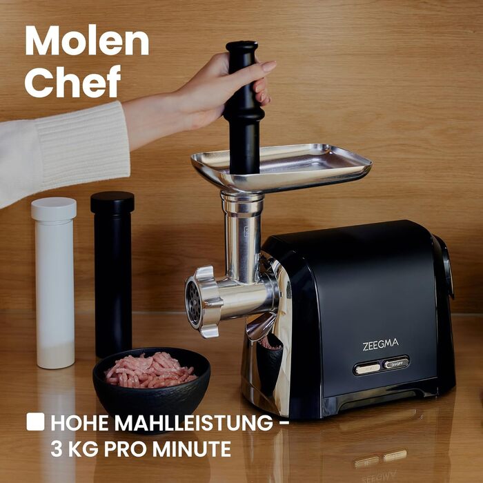 ZEEGMA Electric Meat Grinder - 1900W, Stainless Steel Plates, 3kg/min, Sausage Maker, Kubbe, Chopping, Dicing, REV Function, Accessory Kit