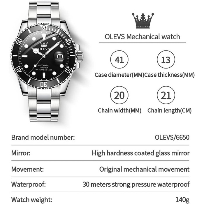 Чоловічий механічний годинник OLEVS зі скелетоном, автоматичний водонепроникний наручний годинник, сріблясто-чорний