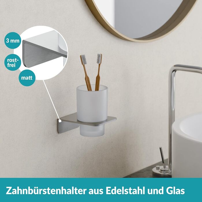 WEISSENSTEIN Toothbrush Holder without Drilling | Cup and Toothbrush Holder to Glue to the Wall | Stainless Steel Holder and White Glass | in Silver