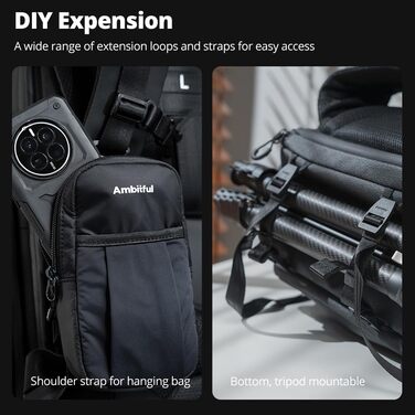 Чорний фоторюкзак AMBITFUL 25L+3L для DSLR/SLR/Mirrorless камер з відділенням для ноутбука та трипода (водонепроникний, ергономічний)