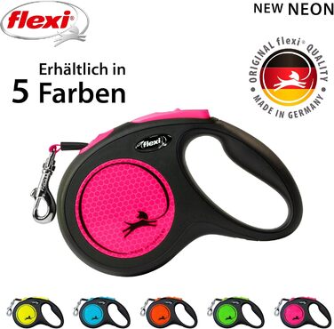 Flexi Neon S Gurt 5 м чорний, неоново-помаранчевий ремінь, світловідбиваюча поверхня, рулетка для собак до 15 кг (Чорний/Неоновий рожевий)