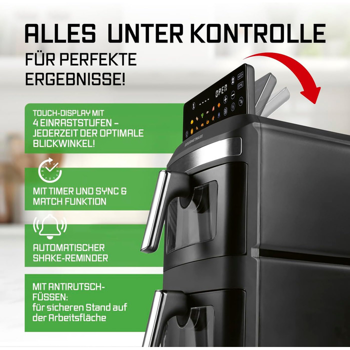 Фритюрниця повітряна Gourmetmaxx AirGenius 9 л (2 x 4,5 л) з 8 програмами | 2 камери для приготування 2 страв одночасно | Сенсорний дисплей | Для 8 осіб