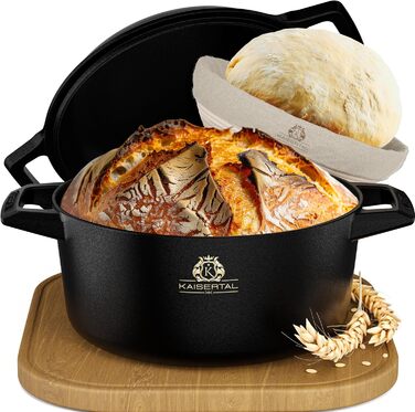 KAISERTAL 26cm Cast Iron Pot for Bread Baking + Proofing Basket - Seasoned Bread Baking Mold with Lid - Bread Pot for Baking - Bread Baking Pot, Bread Baking Set, Cast Iron Pot for Bread Baking, Bread Baking Accessories, Bread Form