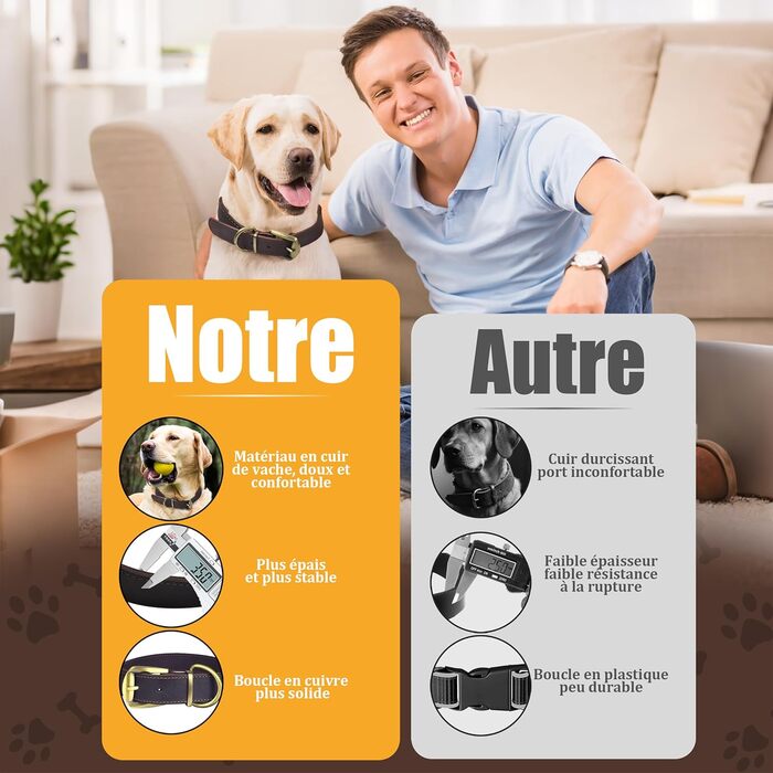 Нашийник для собак з натуральної шкіри, великих порід, XXL - міцний нашийник з латунною застібкою та D-подібним кільцем