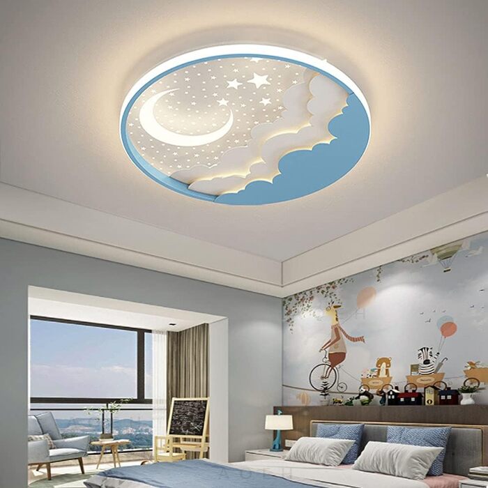 Дитяча стельова LED-лампа Зірка і Місяць, акриловий плафон, плавне дімування з пультом, ультратонка 6 см, 40 Вт, 40 см, синя для спальні та дитсадка