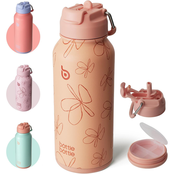 BOTTLE BOTTLE Stainless Steel Drinking Bottle 1L with Straw – Leak-Proof Insulated Bottle for Sports & Gym, with Pill Compartment, BPA-Free, Double-Walled (Yellow Flowers)