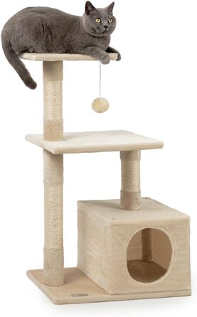 Lionto Scratching Post for Cats with Cave and Plush Ball incl. Bell, Height 85 cm, Cat Tree with Sisal & Plush, Cozy Resting Areas & Cave, Suitable for Small & Large Cats, Beige