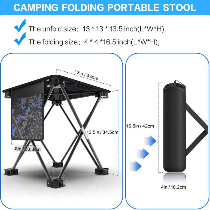 Складний туристичний стілець Aiwoxing: компактний, портативний, для кемпінгу, відпочинку на природі, риболовлі, саду та BBQ. Колір: блакитний, камуфляж.