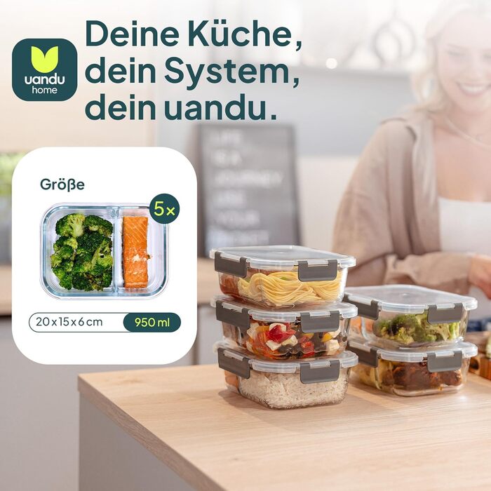 Набір контейнерів для їжі Uandu Glasbehälter – 10 шт. з кришкою, BPA-free, для мікрохвильовки, морозильника, посудомийної машини (антрацит, з відділеннями)