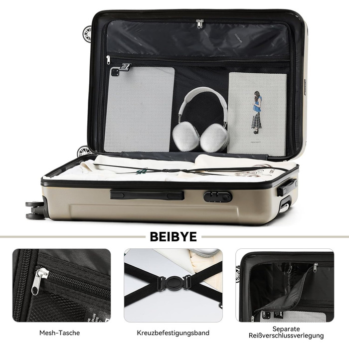 Набір валіз Beibye Hartschalen: M, L, XL (4 колеса) - темно-зелений, шампань