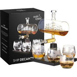 Oak & Steel - Whisky Decanter, Ship Carafe (1000ml) with Stainless Steel Spout & 4 Whisky Glasses - Valentine's Day, Birthday & Father's Day Gift Set for Men