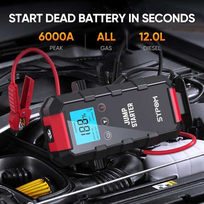 Портативний пусковий пристрій для автомобіля: 6000A, 12V, LED-ліхтарик, для бензинових та дизельних двигунів до 12.0L
