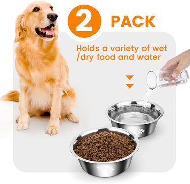PETTOM Миски для собак з нержавіючої сталі, 2 шт. (3120 мл), миска для корму для собак великих, середніх та маленьких порід, миска для води з неслизьким силіконовим дном, розмір M - 21 см, срібний колір