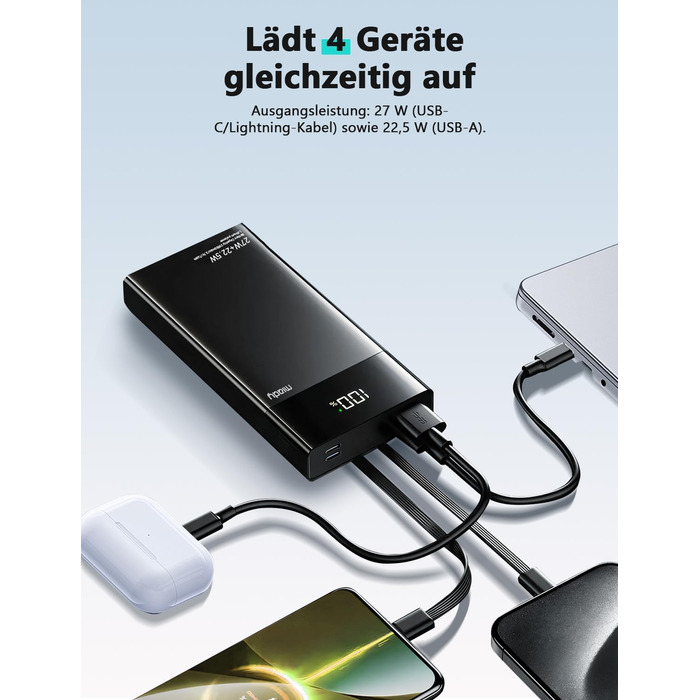 Power Bank Maidy 20000mAh з USB-C кабелем, 27W швидка зарядка, сумісний з iPhone, Galaxy, Xiaomi, iPad, Switch