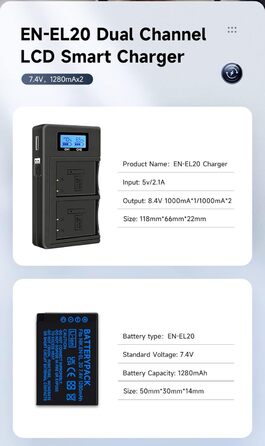 2 шт. акумулятори EN-EL20/EN-EL20a + зарядний пристрій Smart LCD Dual USB для Nikon Coolpix P950, P1000, P1100, Coolpix A, 1 AW1, 1 J1, 1 J2, 1 J3, 1 S1, 1 V3, DL24-500 цифрових камер