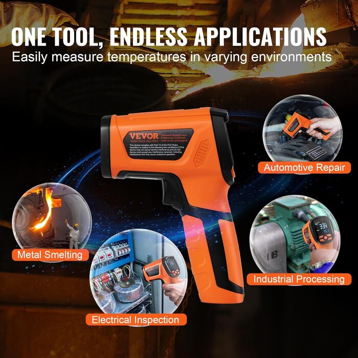 VEVOR Infrared Thermometer IR 50:1 Pyrometer -40°C to 1500°C Laser Temperature Meter 180x120x60mm Temperature Measuring Device Not a Human Body Thermometer for Cooking/Barbecue/Freezer/Industry