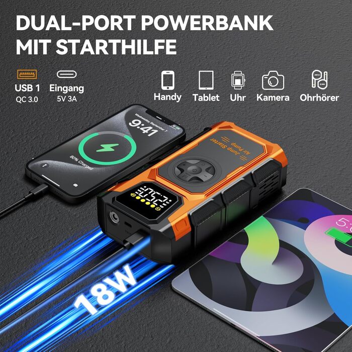 Powerbank для автомобіля Starthilfe 6000A з компресором 150PSI, 12V, для бензинових та дизельних авто (до 10л), QC3.0, LCD, ліхтарик