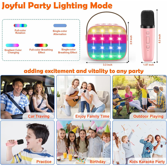 Дитяча караоке-машина з 2 мікрофонами, Bluetooth, LED-підсвітка, для дівчаток та хлопчиків 3-12 років, рожева