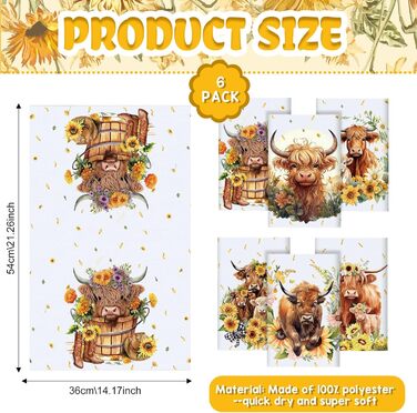 Redbaker Dishcloths with Highland Cow Design, Absorbent, Farm Cow, Watercolor Floral Pattern, Sunflower Towels, Housewarming Gift for Farmhouse, Kitchen, 6 Pieces