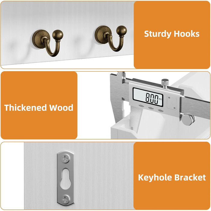 Настінна органайзер для ключів з 6 гачками та шухлядою, дерев'яний, для дому, офісу (білий)