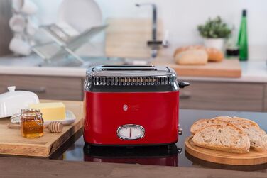 Russell Hobbs Toaster [for 2 slices] Retro Stainless Steel Red (Retro-style countdown display, includes bread roll attachment, 6 browning levels + defrost & reheat function, 1300W) Vintage 21680-56