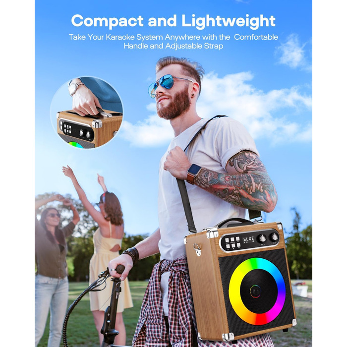 Портативна караоке-система з 2 бездротовими мікрофонами та акумуляторами, 20W, дерев'яний корпус
