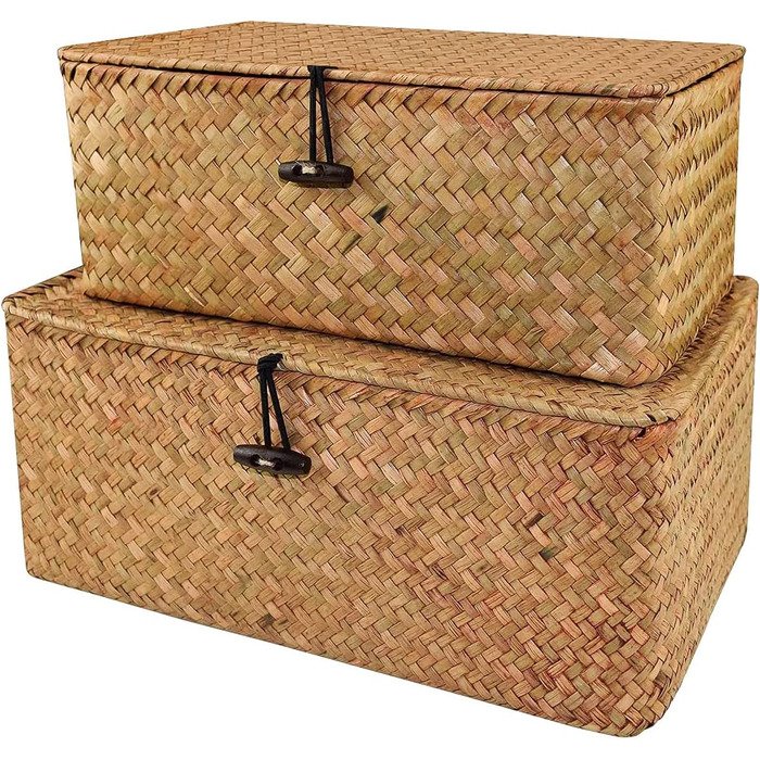 Woven Rattan Storage Basket, Storage Box with Lid, Seagrass, Laundry Baskets, Makeup Organizer for Bathroom, Living Room, Kitchen