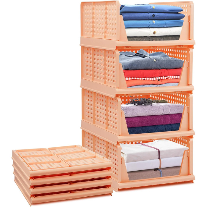 4 Pack Stackable Foldable Closet Storage Box Organizer (Easy Open and Fold), Plastic Closet Shelf Organizer Box, Bedroom, Kitchen (Pink)