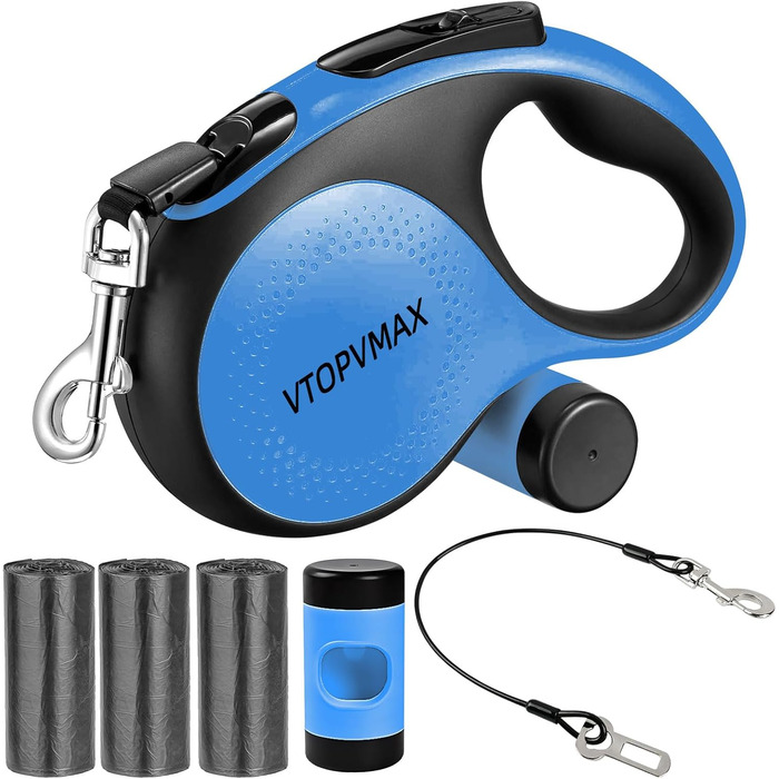 Висувна поводок для собак VTOPVMAX - для середніх та великих собак до 50 кг, міцна висувна стрічка, безпечний кабель, диспенсер для відходів, гальмо однією рукою (білий) (8 м, блакитний)