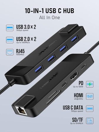 Lemorele USB-C Док-станція 10-в-1: Gigabit Ethernet, 4K HDMI, 4x USB 3.0/2.0, 100W PD, SD/TF, для MacBook/Dell/HP/Lenovo/Asus