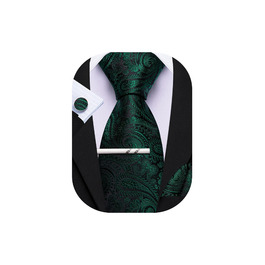 Набір краваток з хустинкою та краватки-кліп для чоловіків Barry.Wang: Шовкова краватка, нагрудна хустинка, запонки, набір для весілля, ділових зустрічей, вечірок, темно-зелений