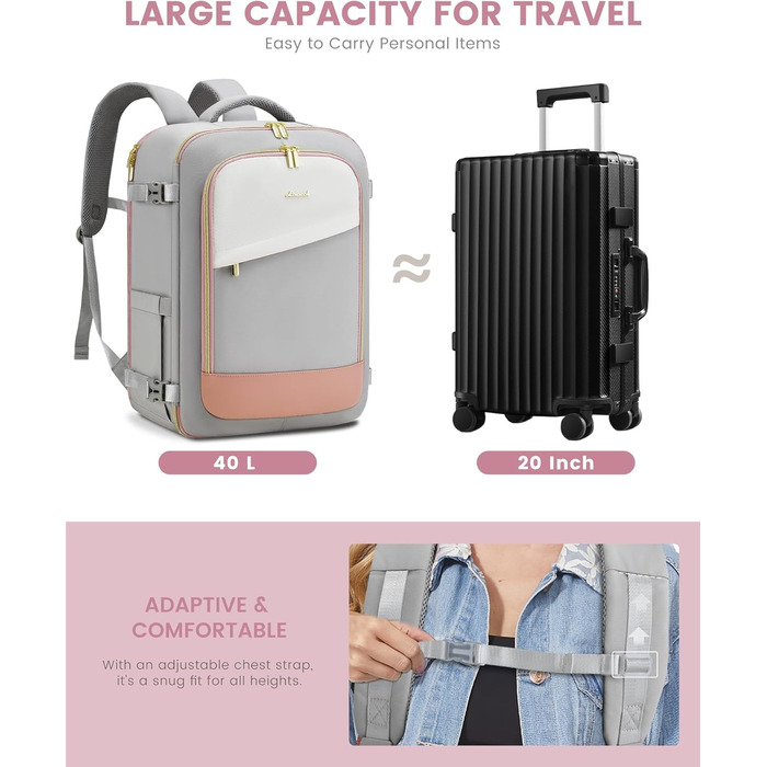 LOVEVOOK Рюкзак для ручної поклажі 40L, жіночий водонепроникний рюкзак для подорожей з відділенням для взуття, рюкзак для ноутбука (17.3 дюйми) сірий+рожевий+бежевий
