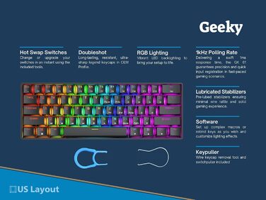 Geeky GK61: Механічна ігрова клавіатура 61% з RGB підсвічуванням | Hot-Swap | ANSI US | Speed Silver Switch (Чорний)