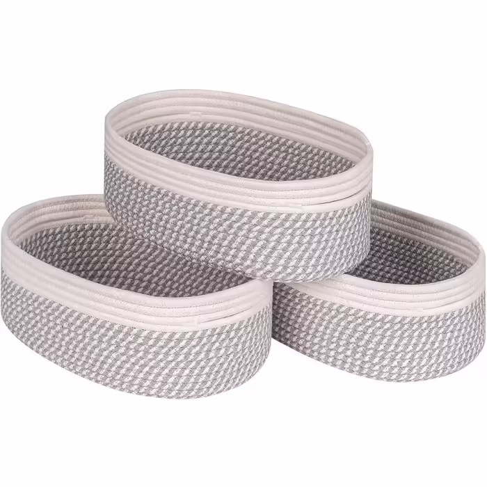 Regal storage baskets for organizing, decorative basket for toy storage and trash cans, small woven rope baskets, 33x21 cm, 3 pack, Green (Off White & Mixed Grey)