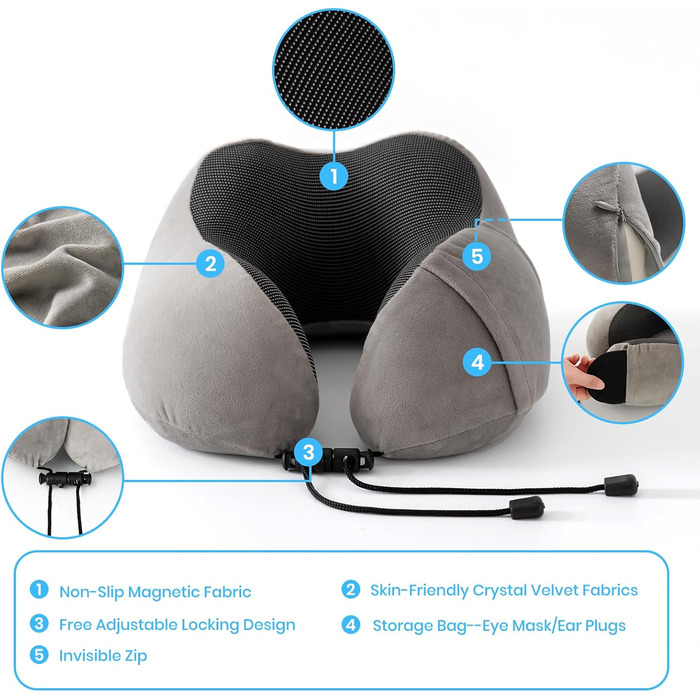 Подушка для шиї Good Nite для подорожей, авто та дому. Ергономічна подушка з Memory Foam, регульована, сірого кольору.