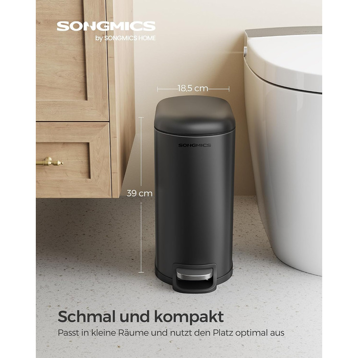 Сміттєвий кошик для ванної кімнати SONGMICS ISLAND 10 л з кришкою Soft-Close, сталевий, чорний (LTB10WT)