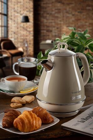 Ariete Vintage Electric Kettle 2869 - 1.7L Stainless Steel Retro Kettle with Water Level Window, Cordless 360° Base, Auto Shut-Off, Tea Infuser, 2000W (Beige)
