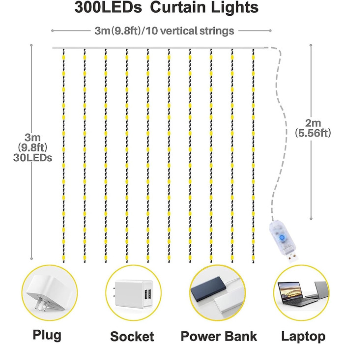 Ланцюжок LED-ліхтарів Yizhet 3x3м, 300 LED, тепле біле світло, IP65, 8 режимів, для декору вечірки, шлюбу, Різдва, тераси (рожевий)