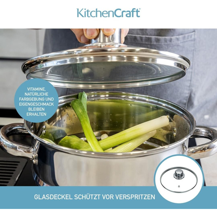 KitchenCraft 3-Tier Steamer, universal steaming insert, stainless steel, suitable for 16, 18 and 20 cm wide pots, Silver 1 Silver