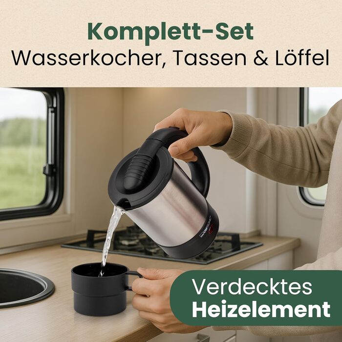 Електричний чайник Clatronic WKS 3692: 1,5 л, нержавіюча сталь, без BPA, для дому та подорожей (з чашкою)