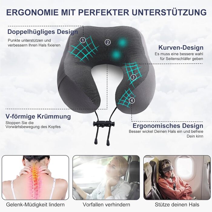 Подушка для шиї у подорожах: м'яка піна пам'яті, бавовна, U-подібна форма, з чохлом, для автомобіля, літака, офісу (сіра)