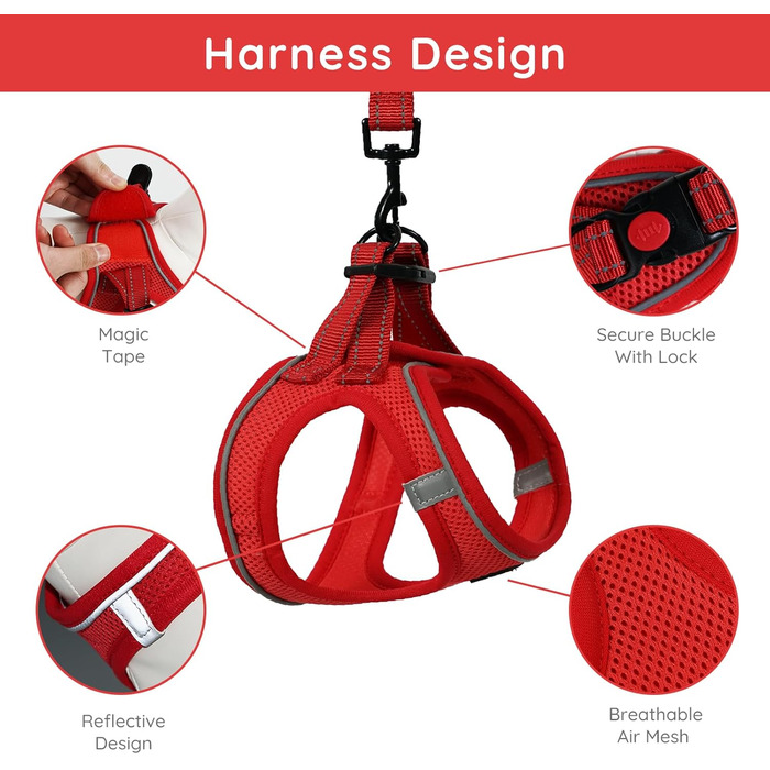 Шлейка для собак BELLA & PAL для маленьких собак з повідком, Step-in шлейка з Air Mesh, анти-тяга, світловідбиваюча, дихаюча, для цуценят, котів, червона, XS (30-35 см обхват грудей)