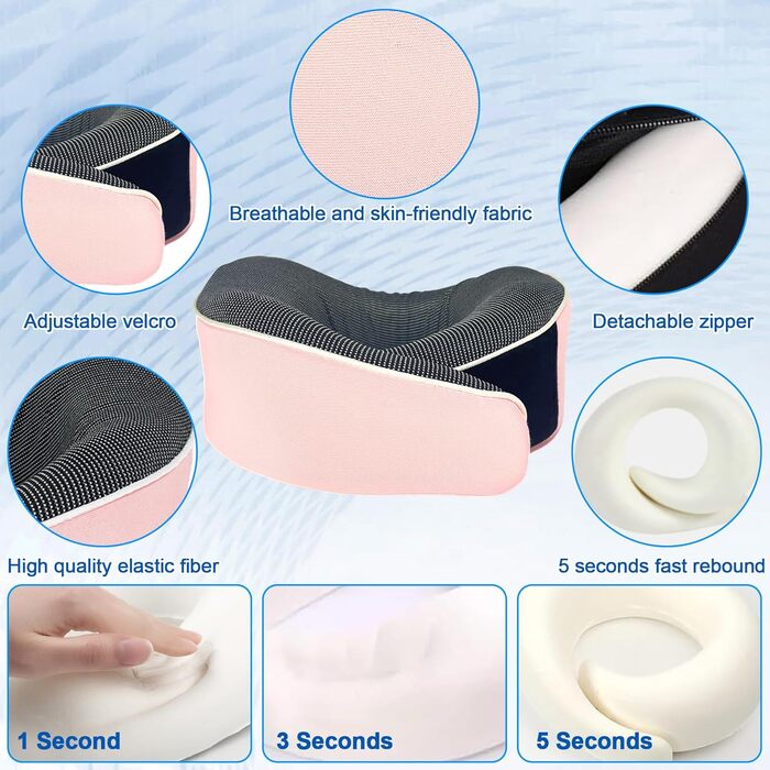 Подушка для шиї в літак, 360° - подушка для подорожей з піною Memory Foam, набір для дорослих - ергономічна, з коробкою для зберігання, маскою для очей та навушниками (Рожева)