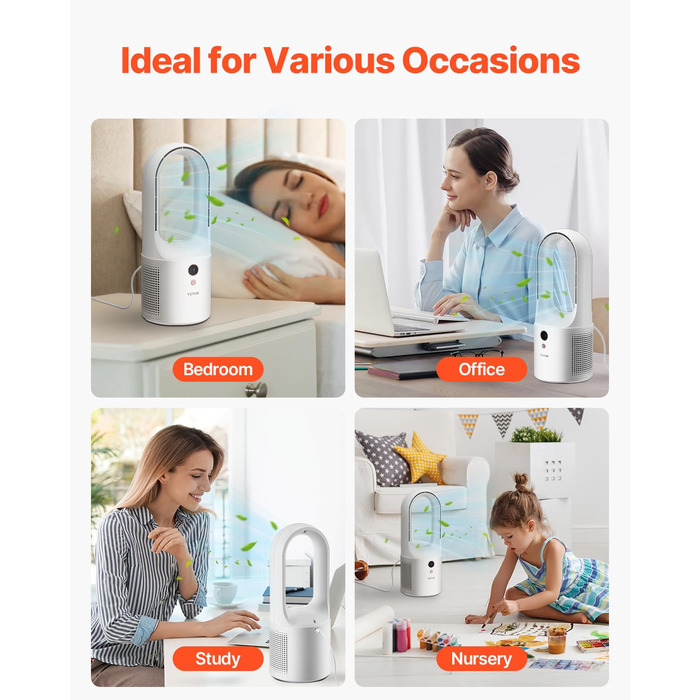 Безлопатевий вентилятор VEVOR 330 мм, портативний USB-вентилятор, 6 режимів, тихий, з LCD-дисплеєм, для дому, офісу, дитячої кімнати