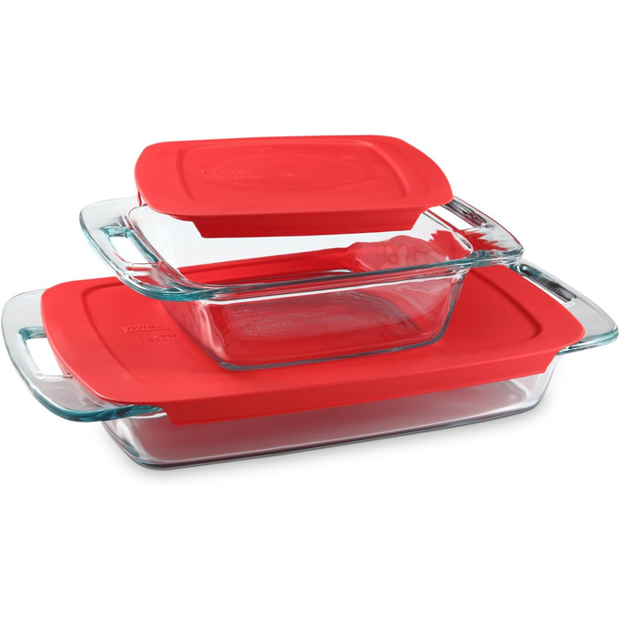 Набір великих скляних форм для запікання Pyrex з кришками і ручками, 4 шт. (2 л, 3 л), для духовки та морозильної камери
