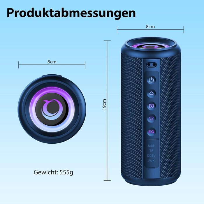 Bluetooth колонка 2026 з RGB підсвіткою, портативна, водонепроникна IP7, 20 годин роботи, з мікрофоном, для спорту, саду, вулиці - блакитна