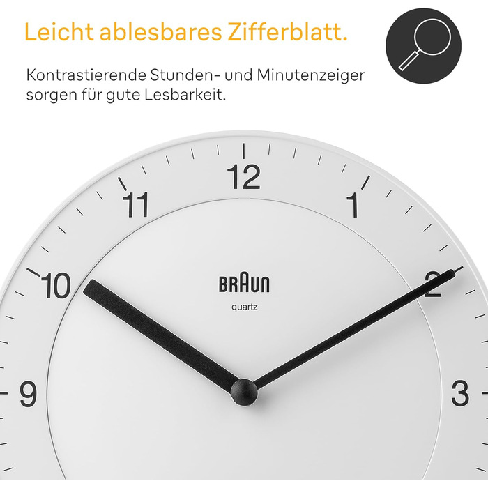 Braun Classic analog wall clock with a quiet quartz movement, easy-to-read dial with a 20 cm diameter in white, model BC06W.