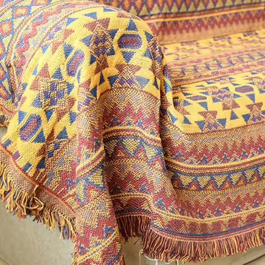Large throw blanket in Bohemian style with tassels, 100% hand-woven cotton, knitted, chair cover for seats, sofas, couches, and beds (130 x 180 cm)
